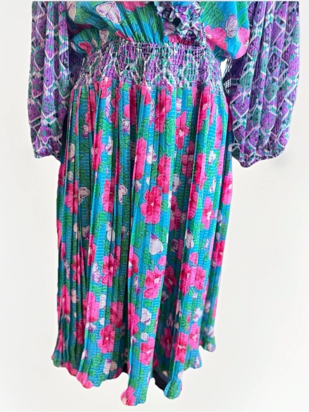 Vintage 80s Diane Freis Floral Pleated Maxi Dress Balloon Sleeve Boho Dress - Picture 4 of 13